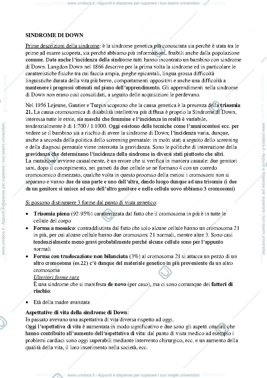 Anteprima pagina 1 — Appunti sulla sindrome di Down integrati con le slides della prof. Lanfranchi