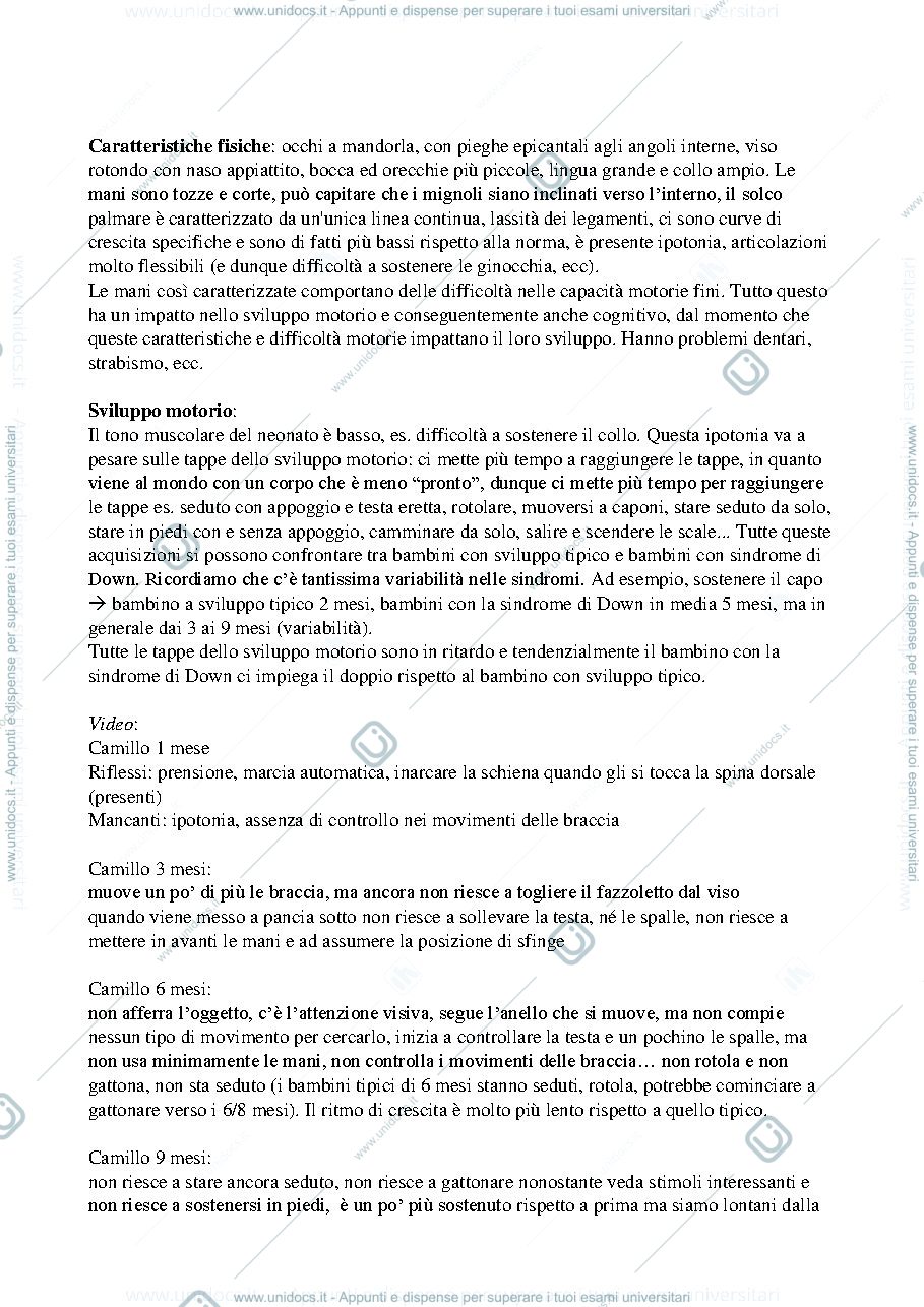 Anteprima pagina 2 — Appunti sulla sindrome di Down integrati con le slides della prof. Lanfranchi