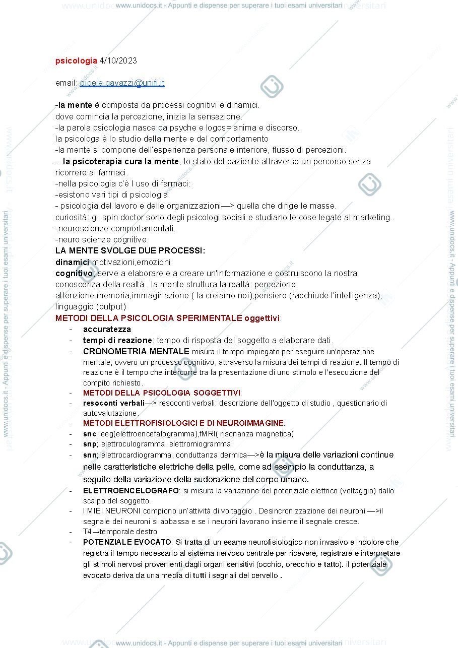 Anteprima pagina 1 — Appunti Psicologia, primo anno