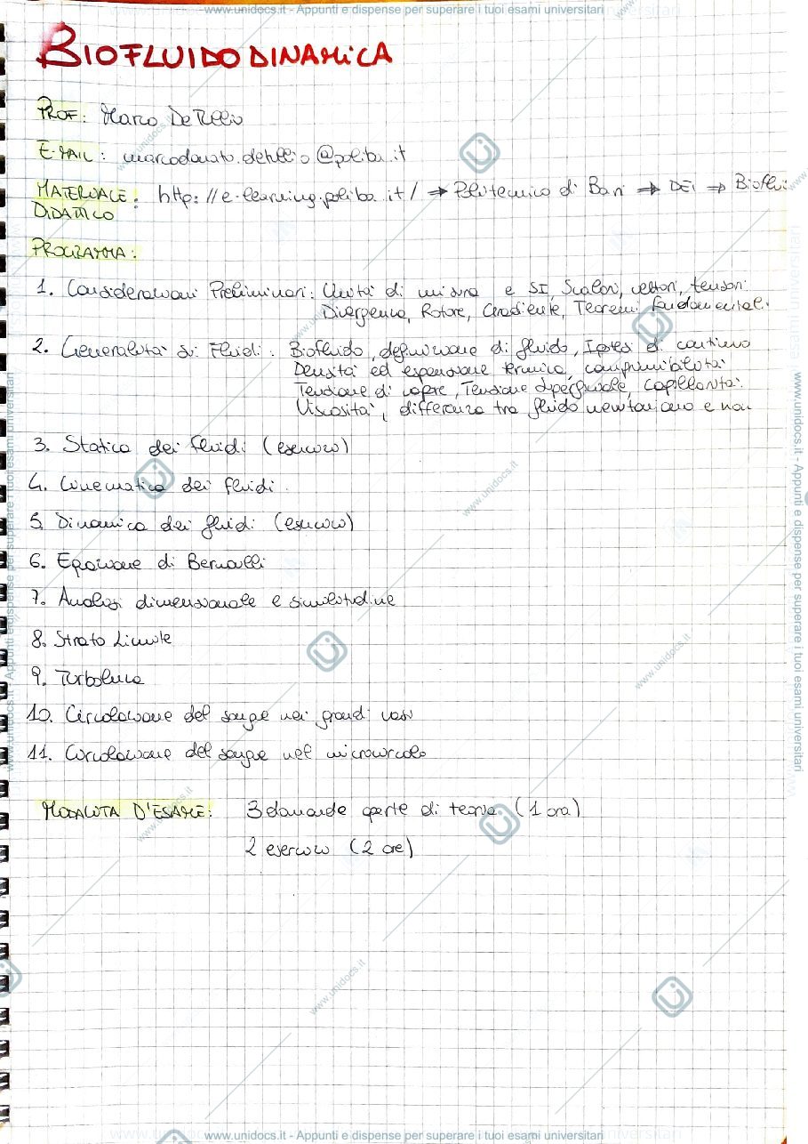 Anteprima pagina 1 — Appunti Biofluidodinamica - Detullio