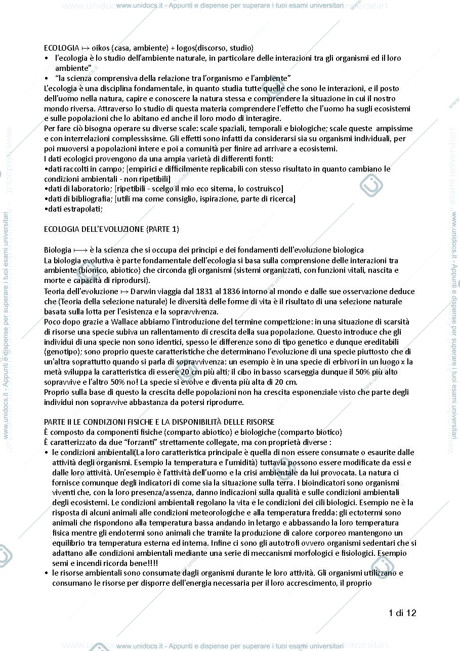 Anteprima pagina 1 — appunti di ecologia