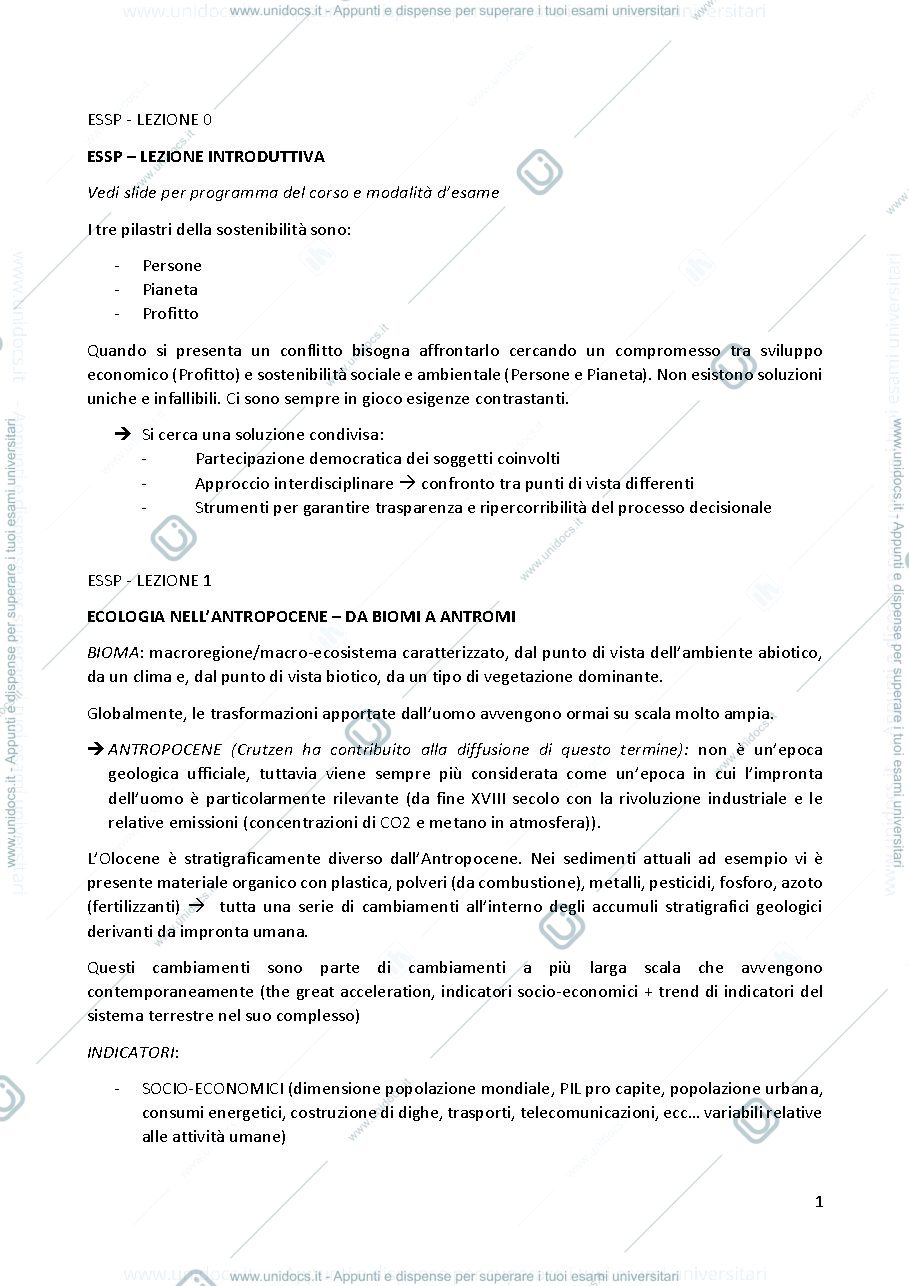 Anteprima pagina 1 — Appunti ECOLOGIA E SOSTENIBILITA' DEI SISTEMI PRODUTTIVI