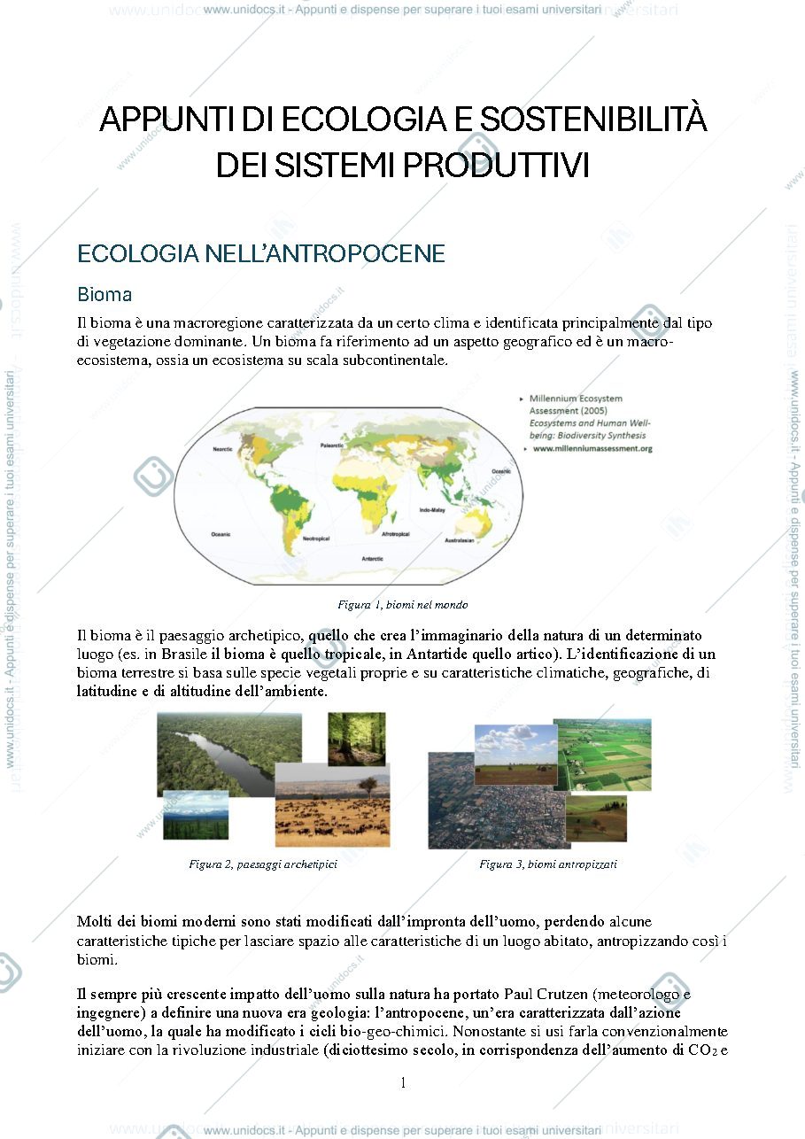 Anteprima pagina 1 — Ecologia e sostenibilità dei sistemi produttivi - dispensa