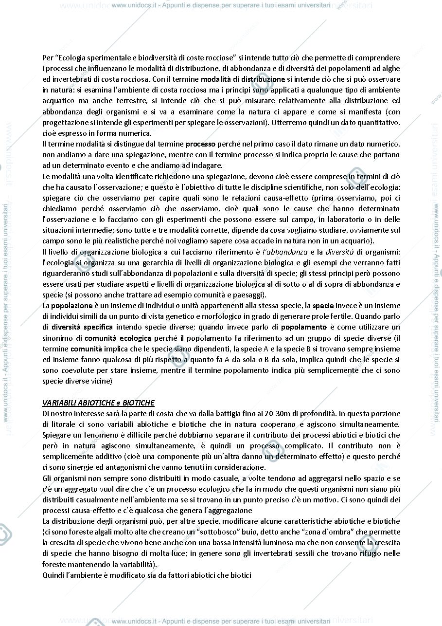 Anteprima pagina 1 — Ecologia Sperimentale e Biodiversità di Coste Rocciose