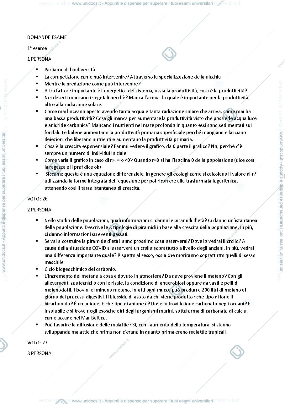 Anteprima pagina 1 — domande  esame di ecologia