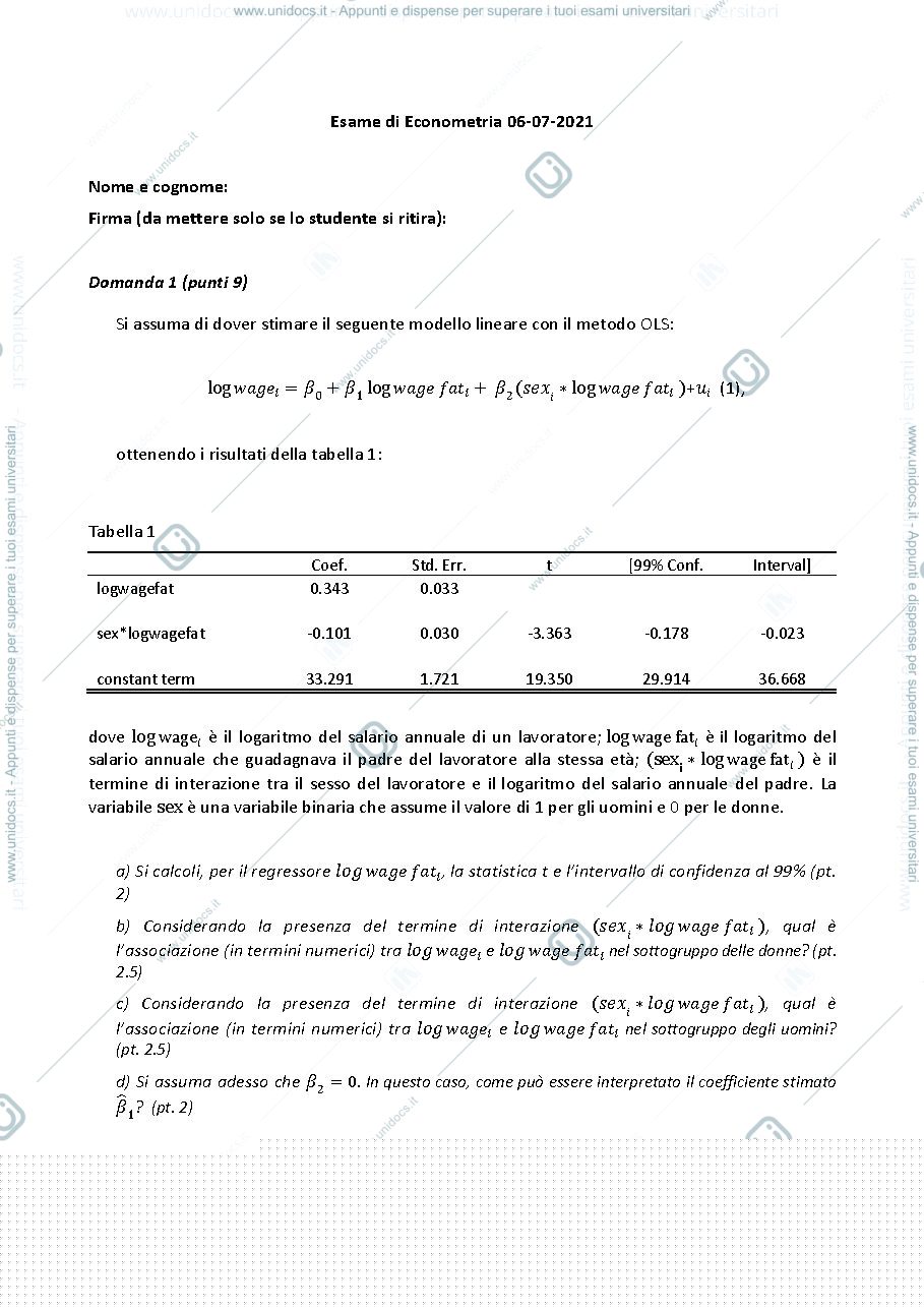 Anteprima pagina 1 — Esame di econometria del 06/07/21