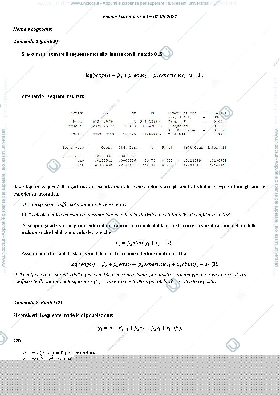 Anteprima pagina 1 — Esame di Econometria del 01/06/21 