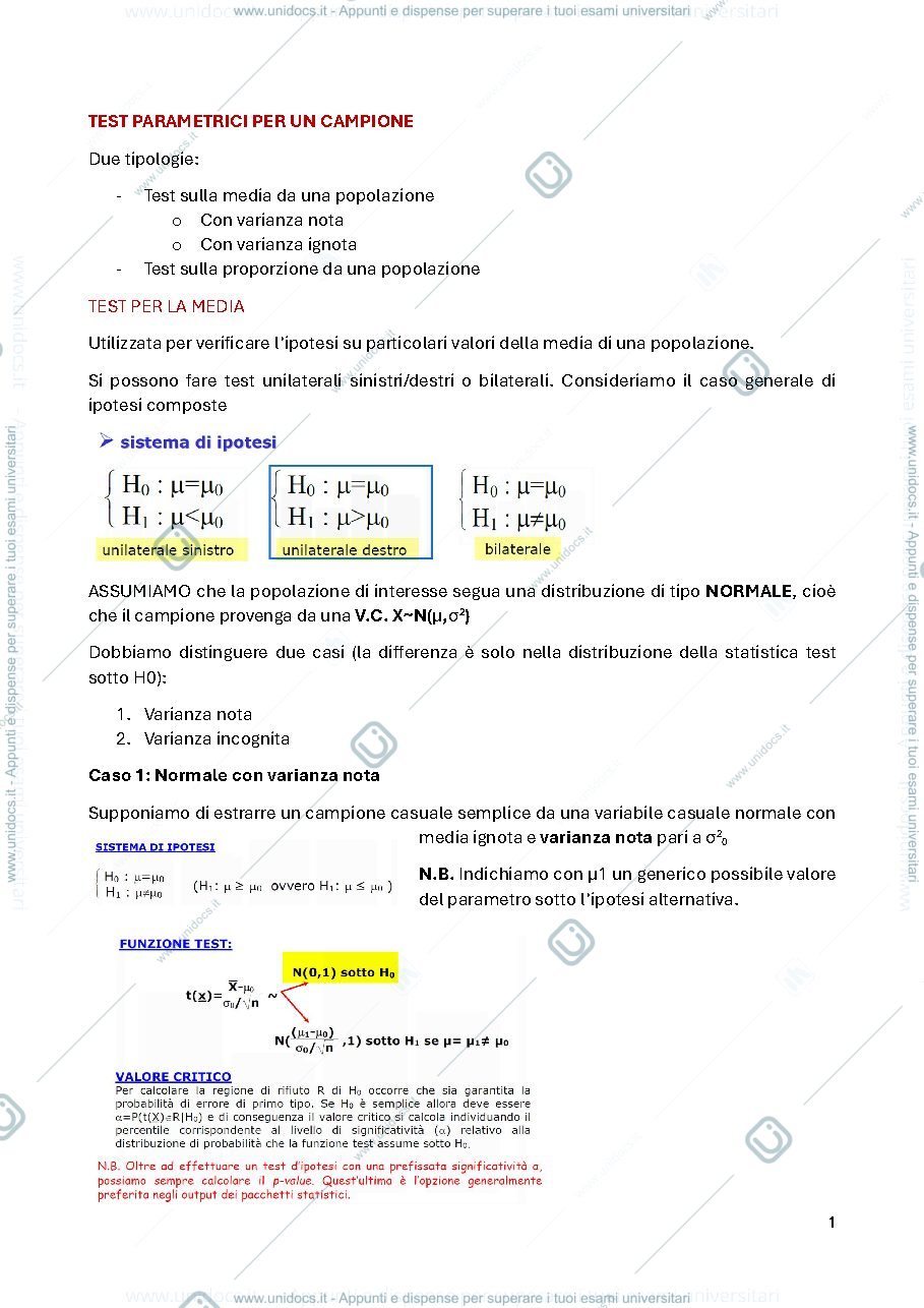 Anteprima pagina 1 — test parametrici per un campione 