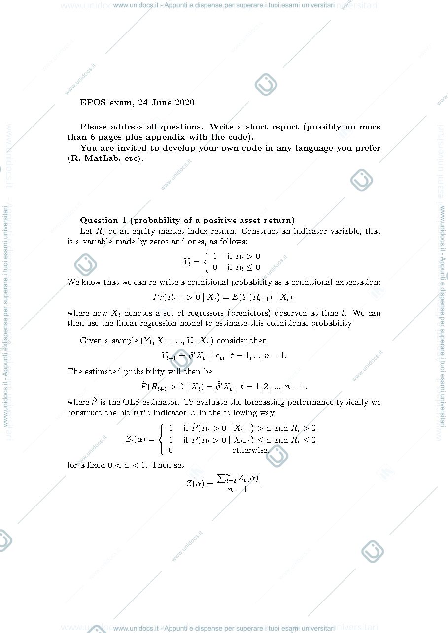 Anteprima pagina 1 — esame econometrics luglio 2020 