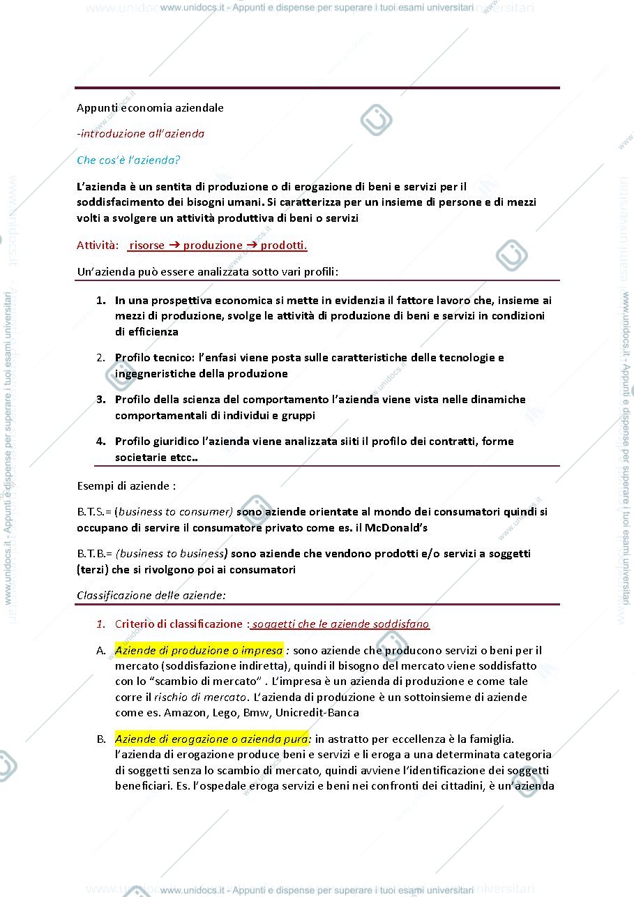 Anteprima pagina 1 — Appunti di economia aziendale 