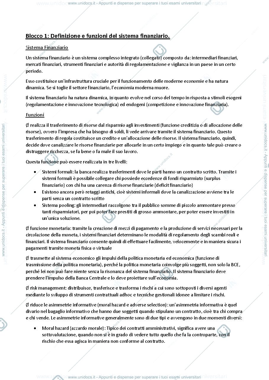 Anteprima pagina 1 — Appunti di Economia degli Intermediari Finanziari Prof. Rossi Modulo I
