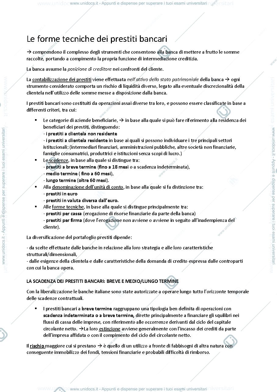 Anteprima pagina 1 — Le forme tecniche dei prestiti bancari. 