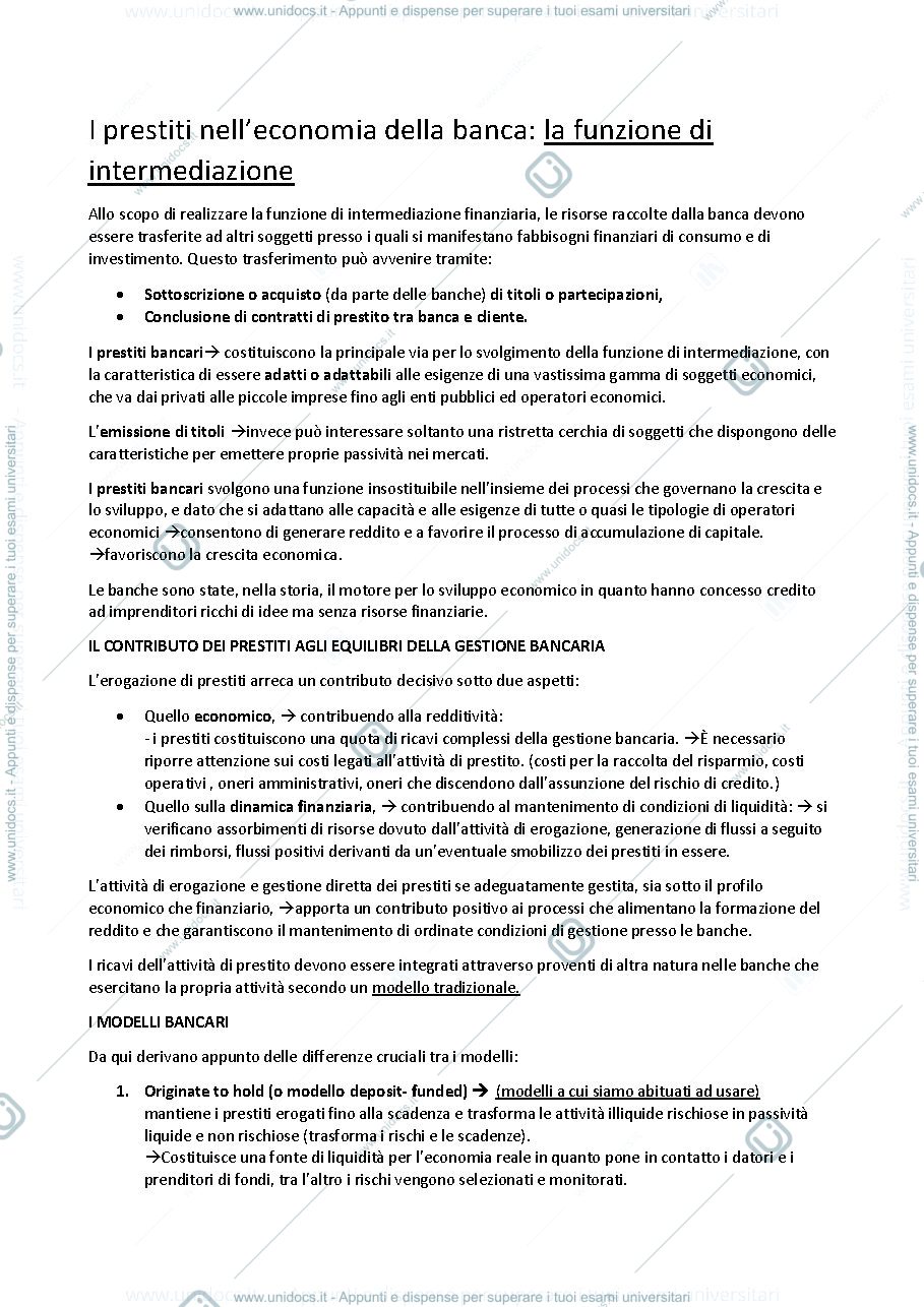 Anteprima pagina 1 — I prestiti nell'economia della banca. La funzione di intermediazione.