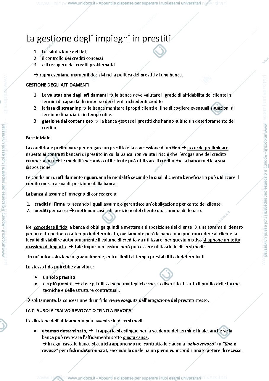Anteprima pagina 1 — la gestione degli impieghi in prestiti