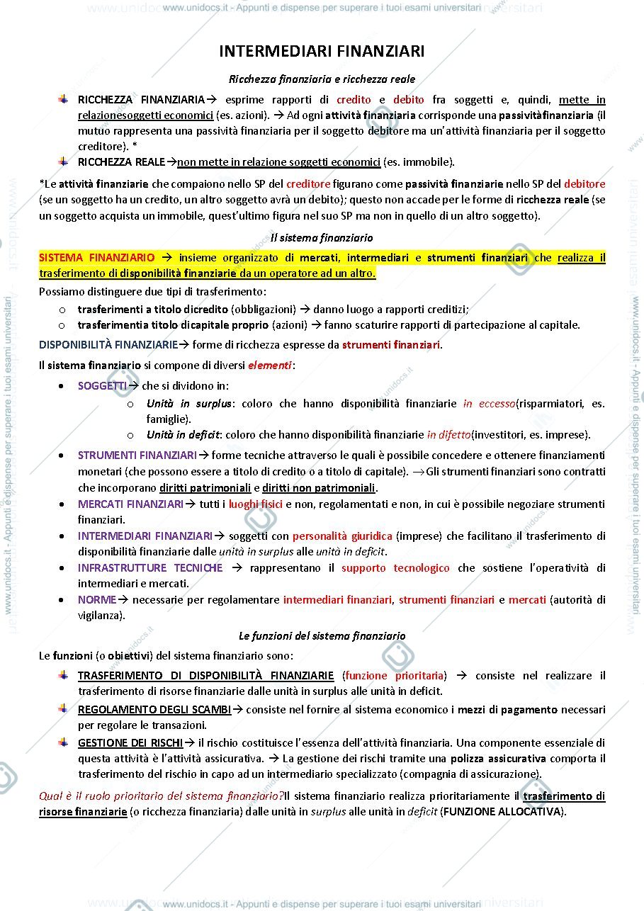 Anteprima pagina 1 — RIASSUNTI INTERMEDIARI FINANZIARI