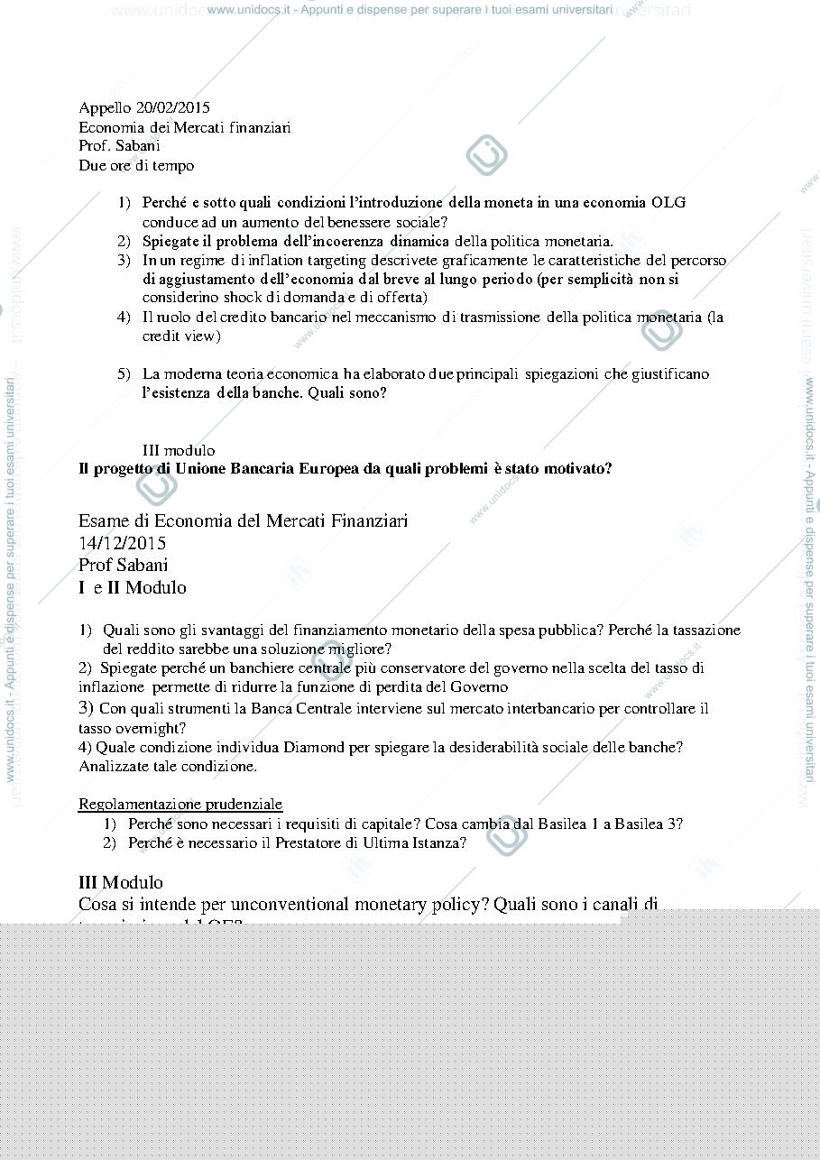 Anteprima pagina 1 — Prove di esame del corso di Economia dei Mercati Finanziari