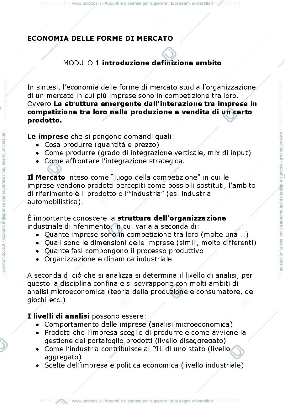 Anteprima pagina 1 — appunti economia delle forme di mercato per primo parziale 