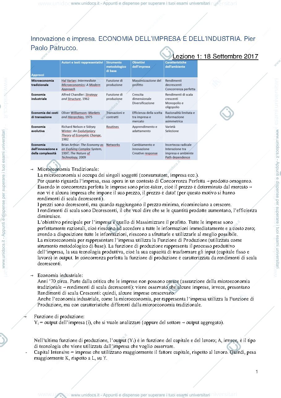 Anteprima pagina 1 — appunti di economia dell'impresa e dell'industria