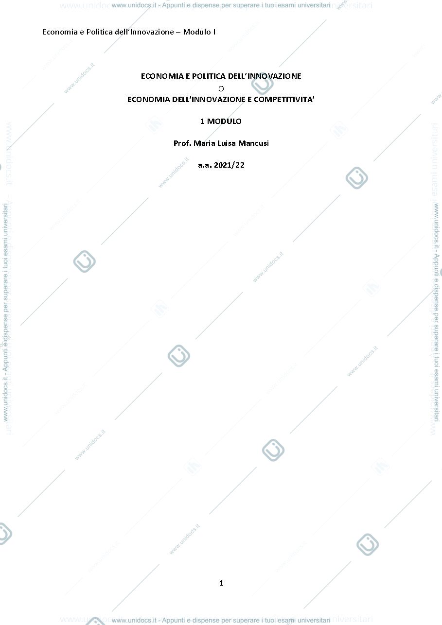 Anteprima pagina 1 — Economia dell'innovazione e competitività, 1 modulo 