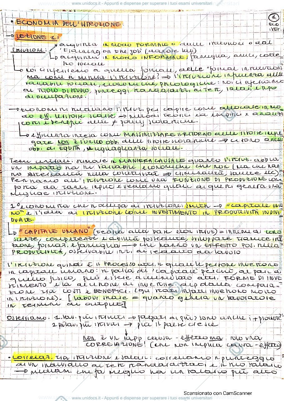 Anteprima pagina 1 — Appunti di Economia dell'istruzione