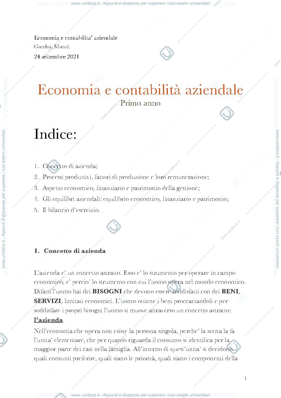 Anteprima pagina 1 — Appunti di economia e contabilità aziendale