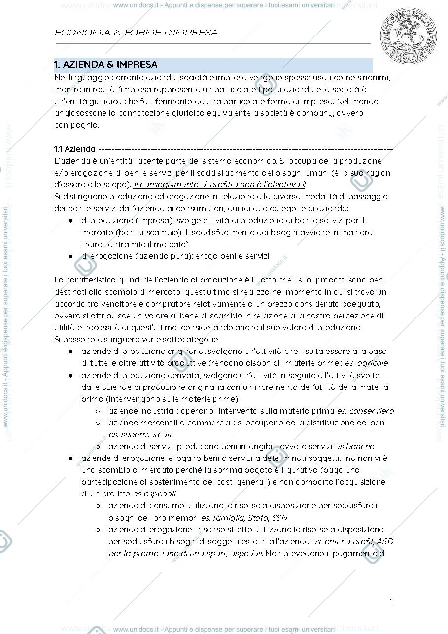 Anteprima pagina 1 — Appunti di economia e forme d'impresa