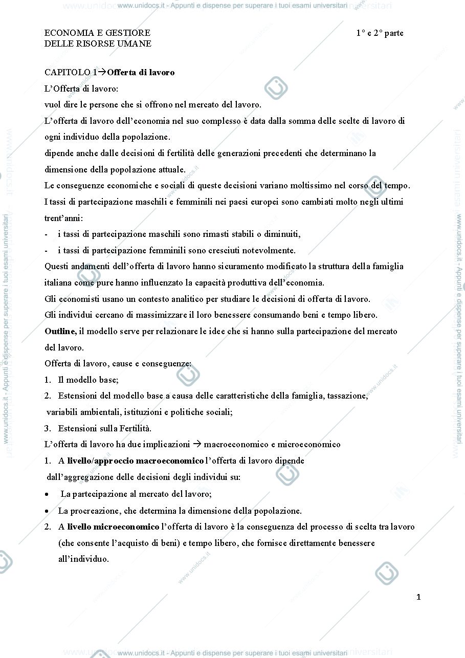 Anteprima pagina 1 — ECONOMIA E GESTIONE DELLE RISORSE UMANE Prof.ssa. Venturni TORINO 