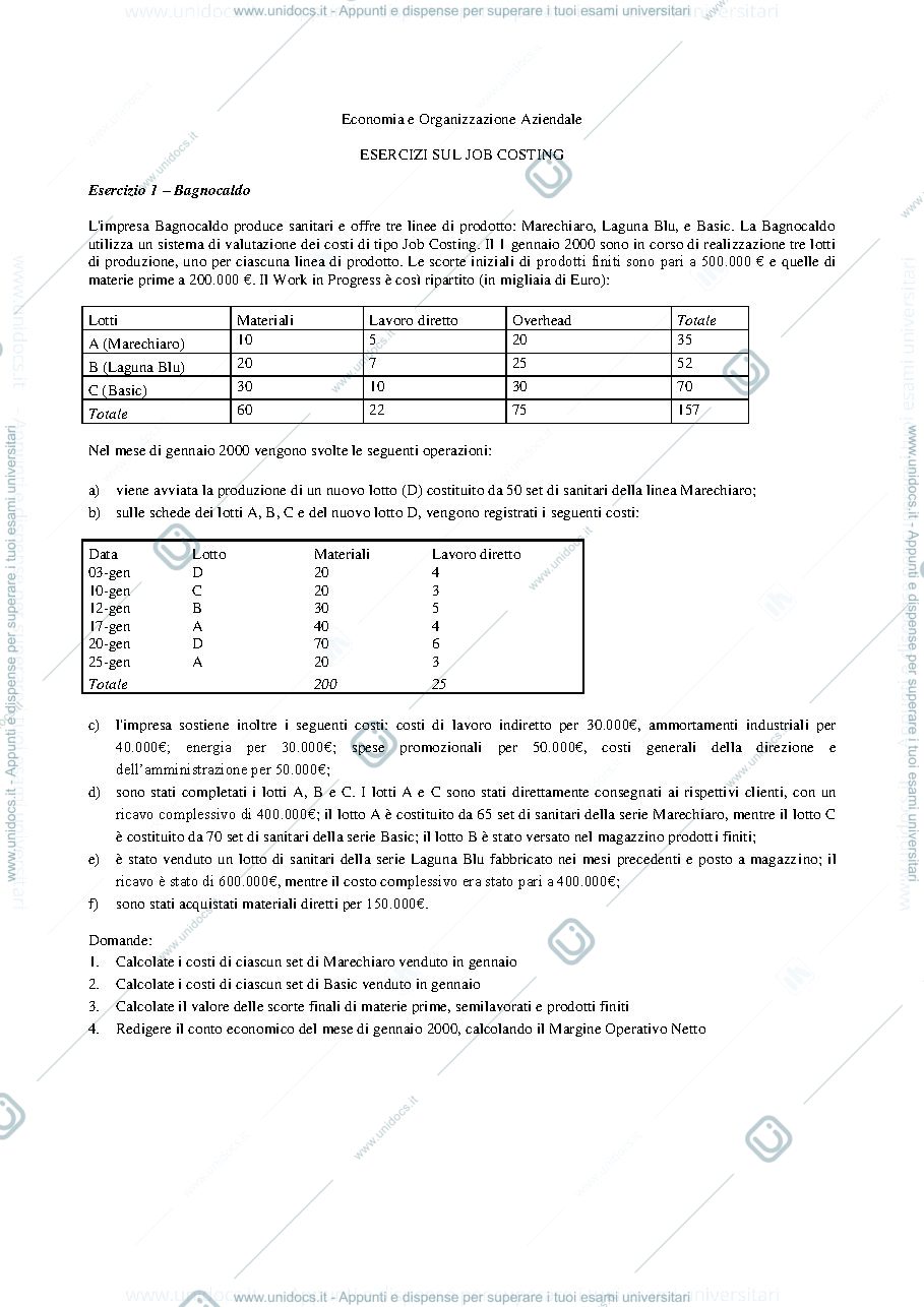Anteprima pagina 1 — Esercizi di Job Order Costing prof: Toletti