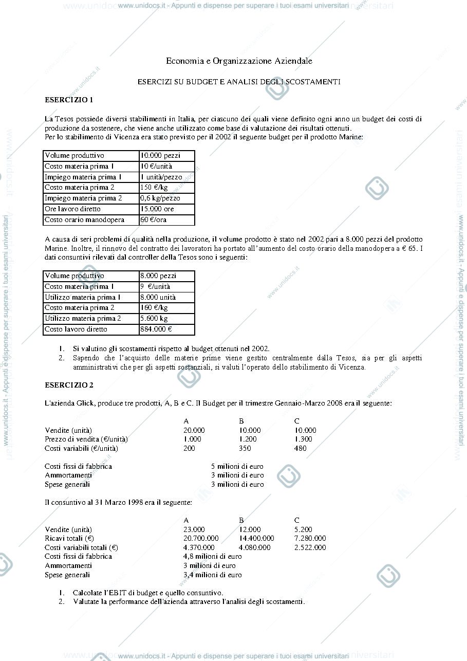 Anteprima pagina 1 — Esercizi budget e analisi degli scostamenti prof: Toletti