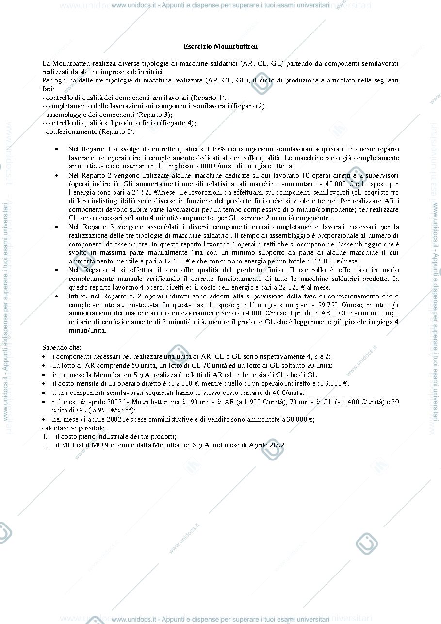 Anteprima pagina 1 — Esercizi di Activity Based Costing prof: Toletti