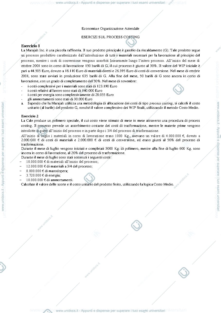 Anteprima pagina 1 — Esercizi di Process Costing prof: Toletti