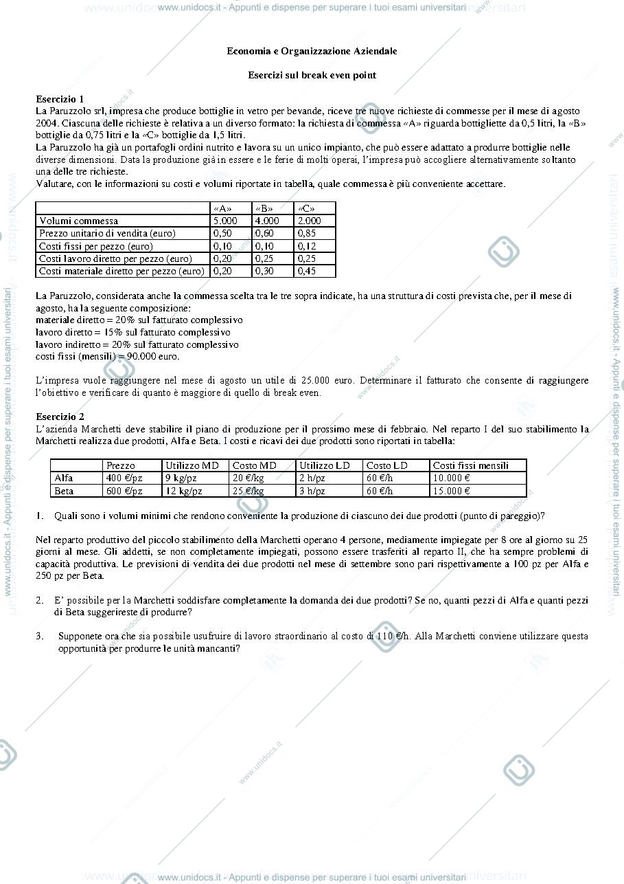 Anteprima pagina 1 — Esercizi di break even prof: Toletti