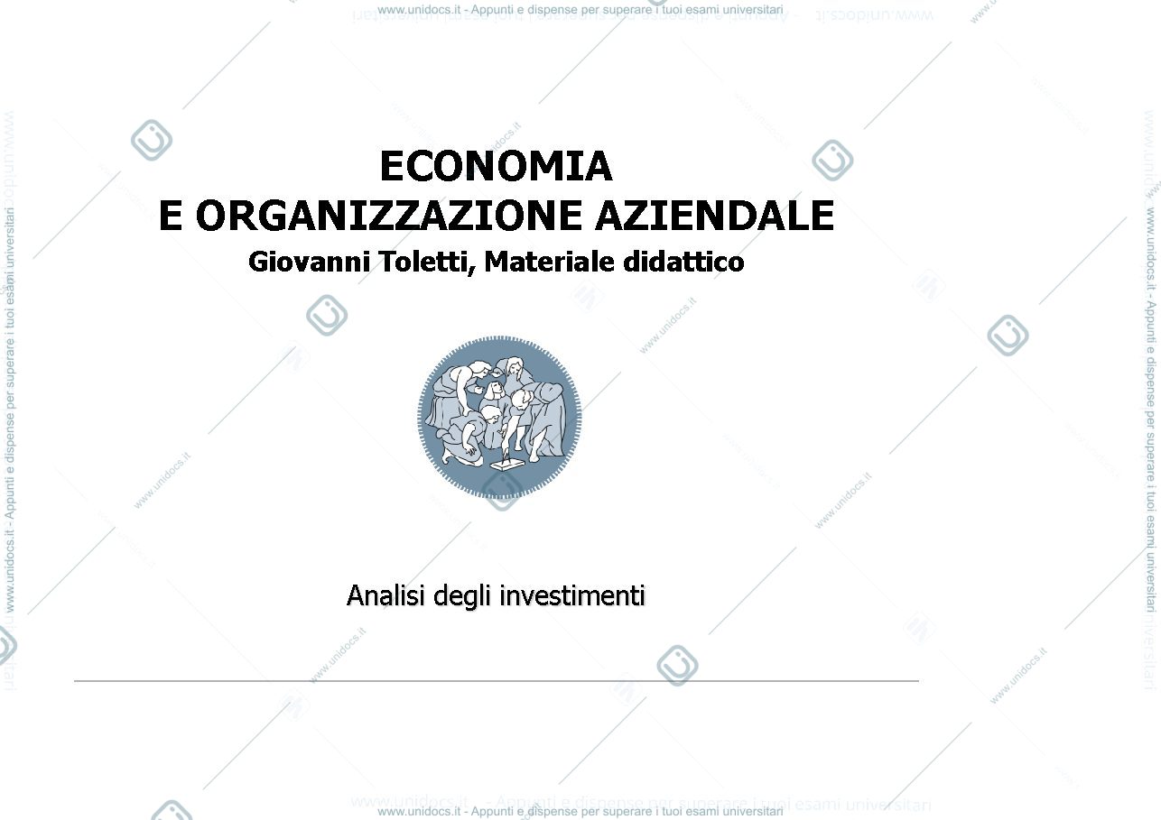 Anteprima pagina 1 — Slide di analisi di investimenti prof: Toletti