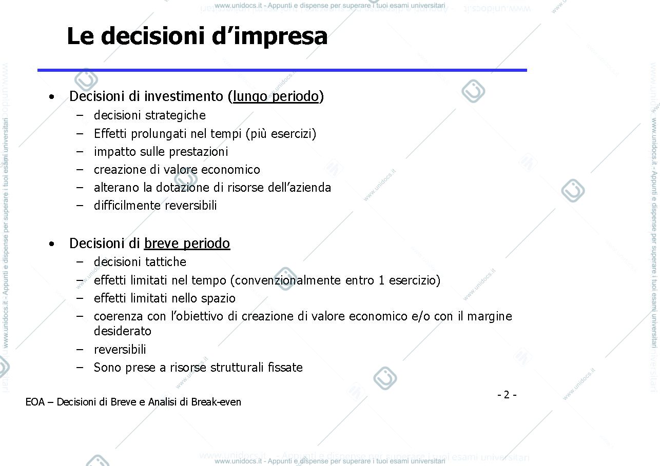 Anteprima pagina 2 — Slide aggiornate di decisioni di breve e analisi di break even prof: Toletti