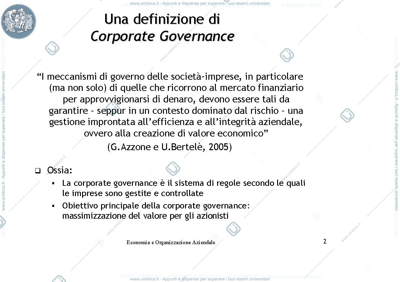 Anteprima pagina 2 — Slide sulla Corporate Governance prof: Toletti