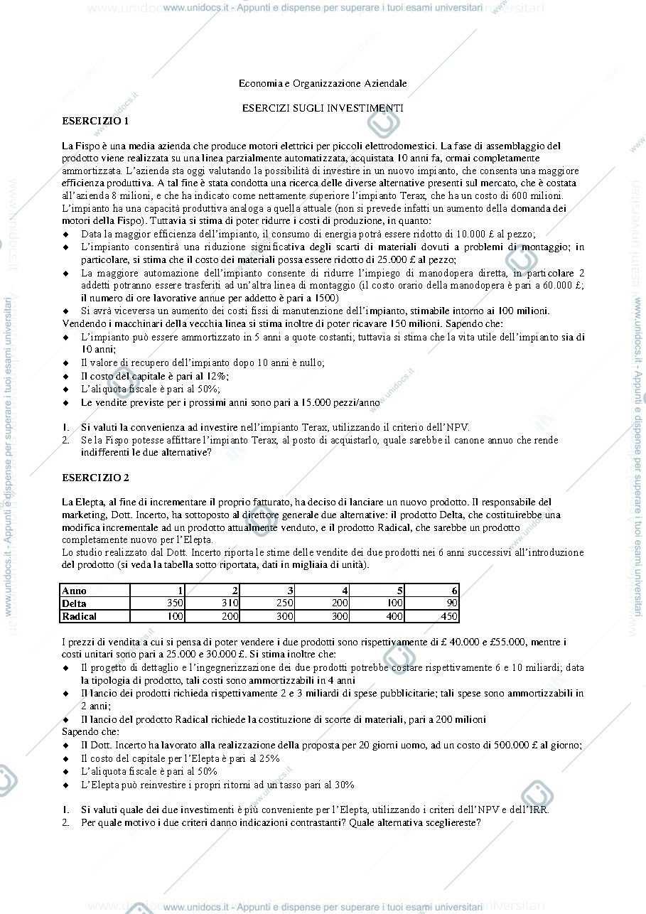 Anteprima pagina 1 — Esercizi di analisi di investimenti prof: Toletti