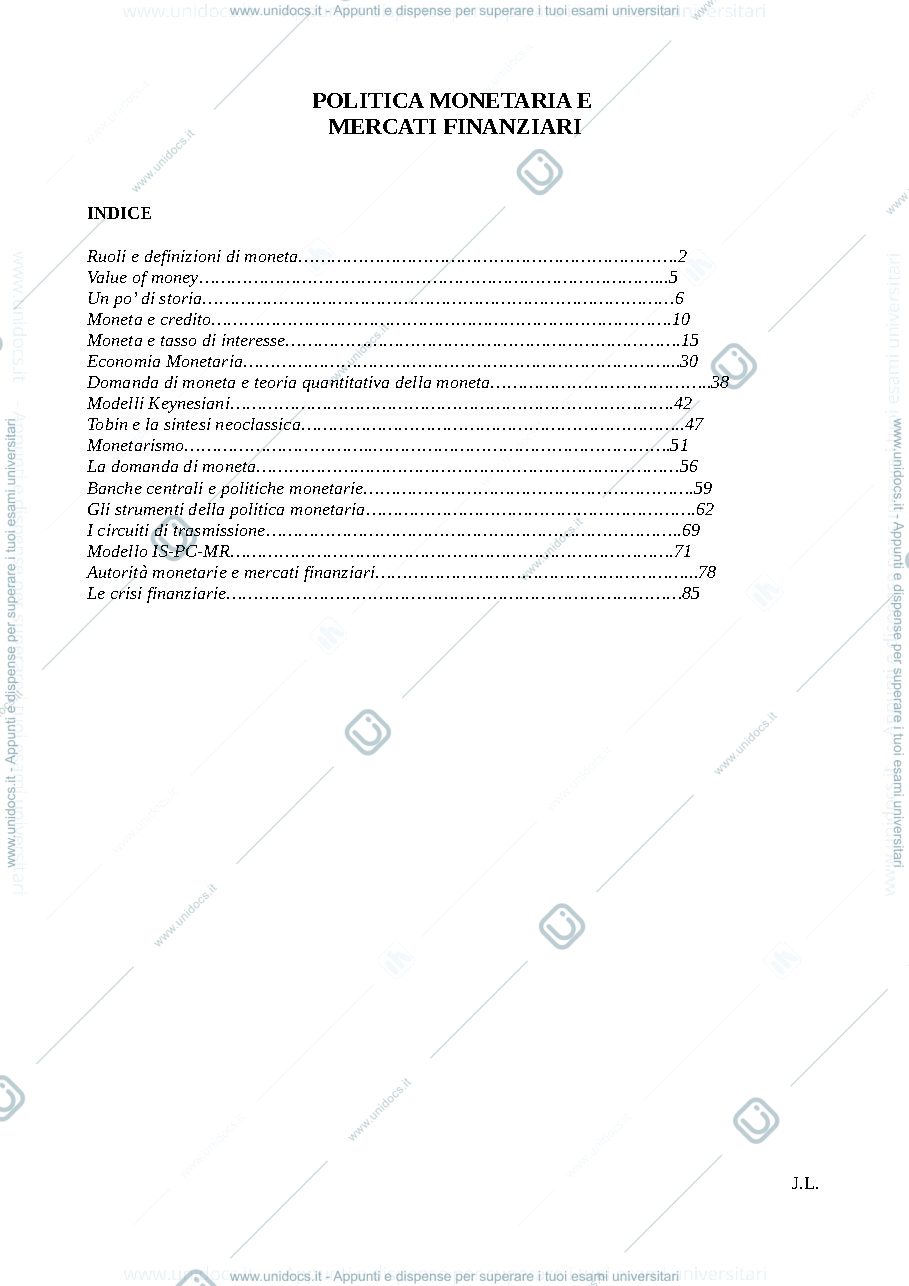 Anteprima pagina 1 — POLITICA MONETARIA E MERCATI FINANZIARI