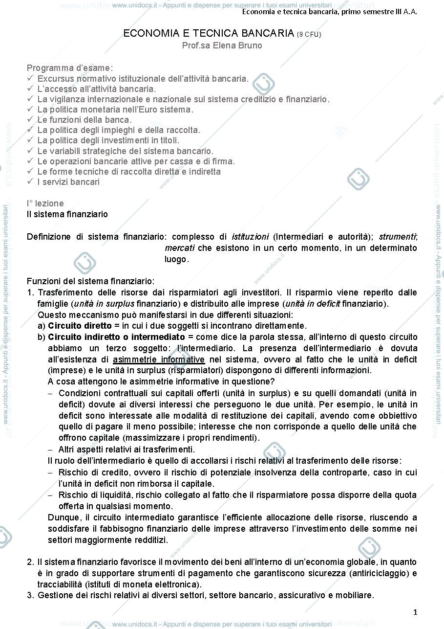 Anteprima pagina 1 — Economia e tecnica bancaria Bruno 