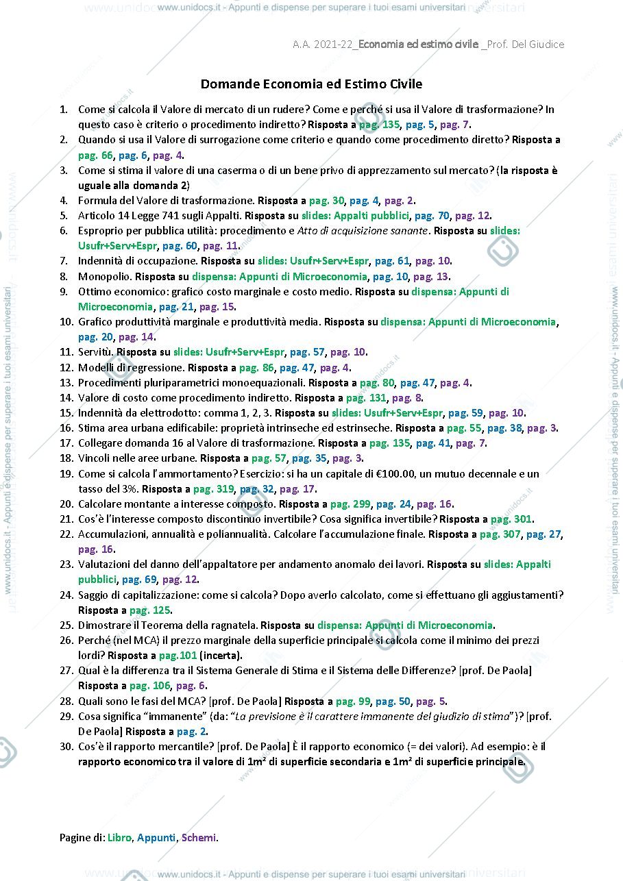 Anteprima pagina 1 — ECONOMIA ED ESTIMO CIVILE - Domande d'esame; appunti (sbobine) e schemi riassuntivi
