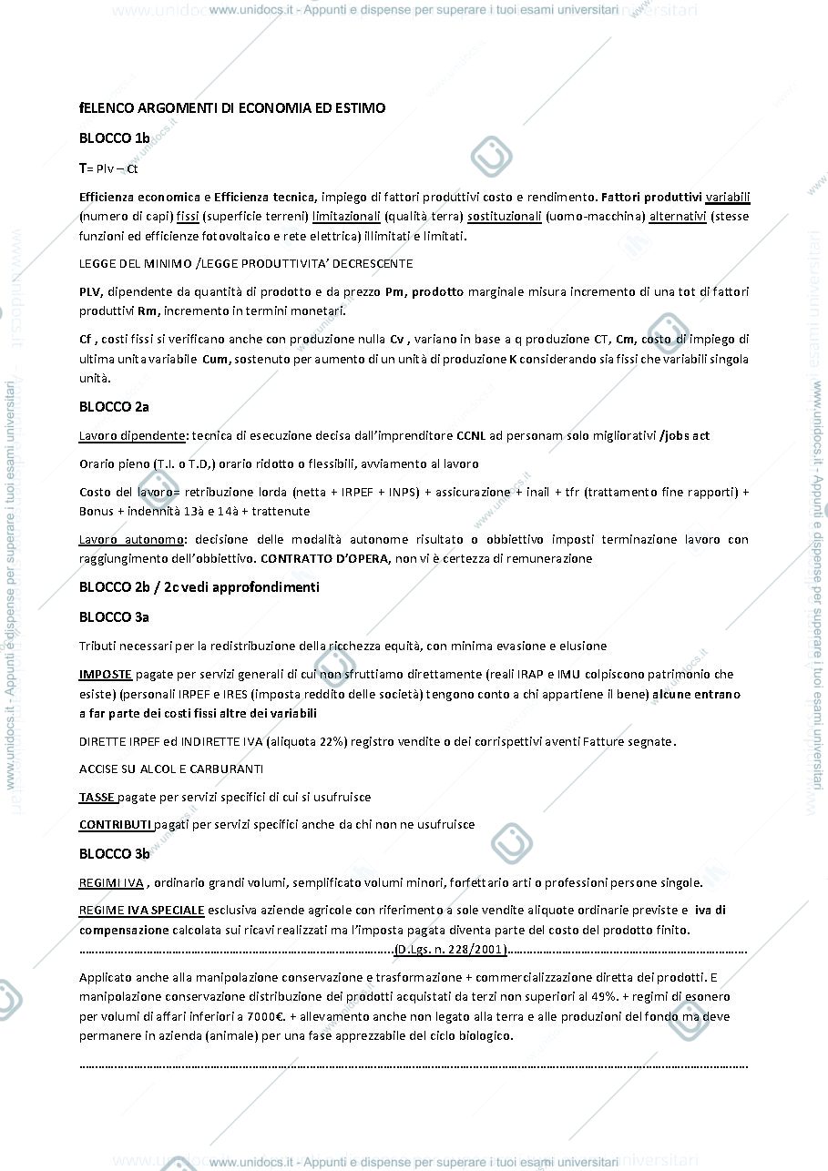 Anteprima pagina 1 — Economia ed estimo rurale unito scienze agrarie