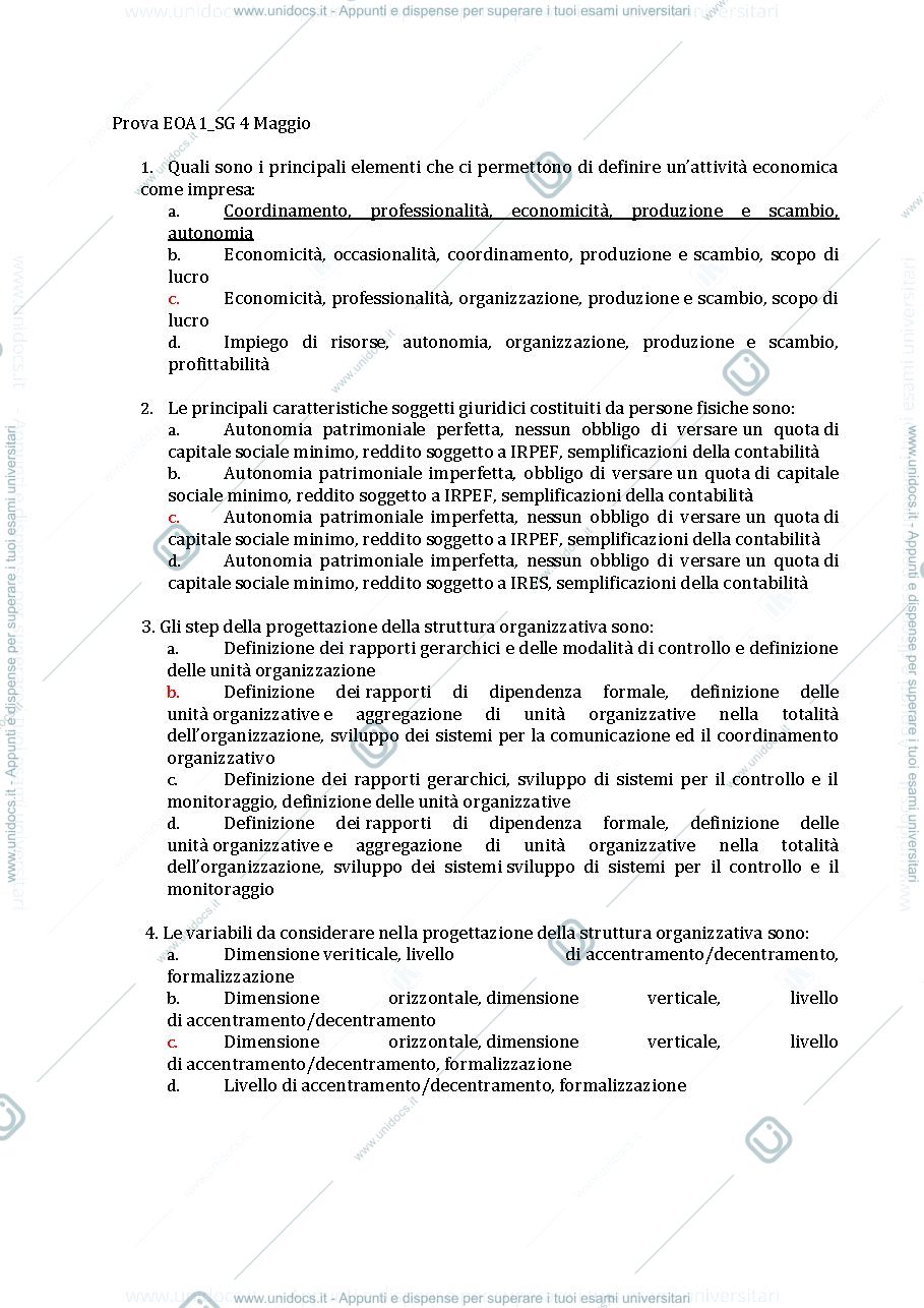 Anteprima pagina 1 — Prova intercorso Economia e Organizzazione aziendale 1