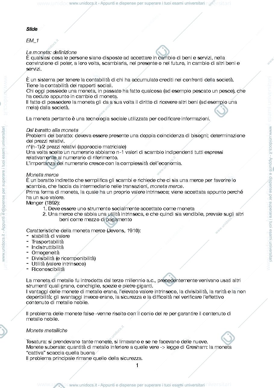 Anteprima pagina 1 — Ec. Monetaria prima parte, slide + appunti