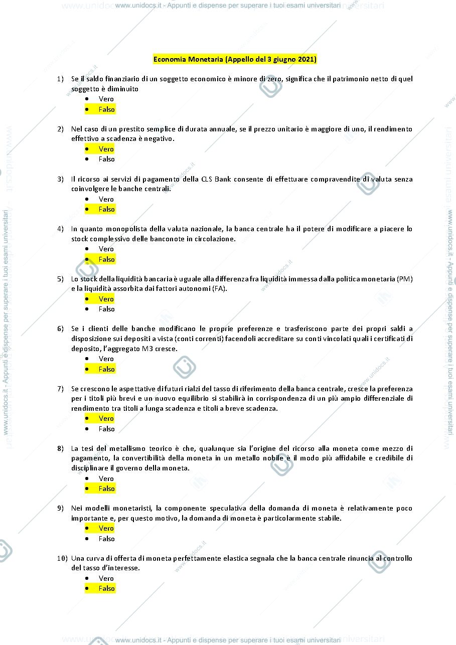 Anteprima pagina 1 — Economia monetaria -esempi domande d’esame - Andrea Terzi 