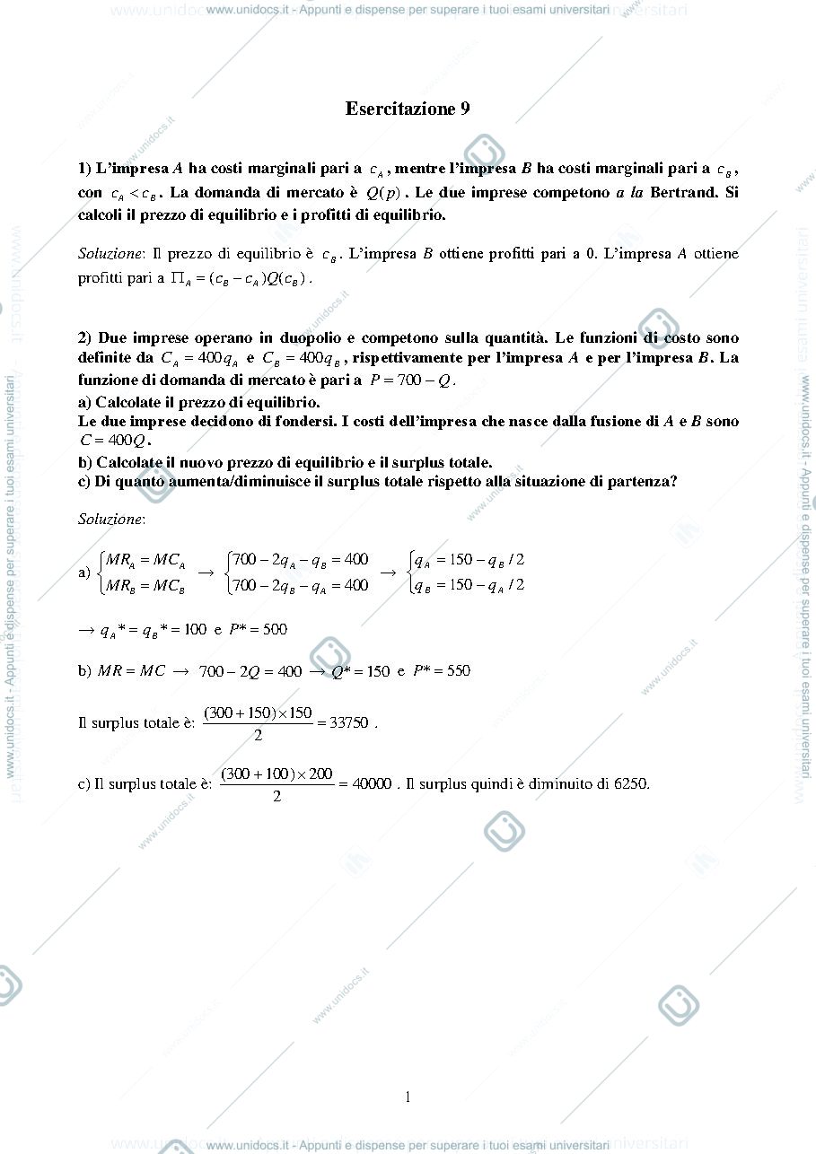 Anteprima pagina 1 — Esercizio economia  politica I
