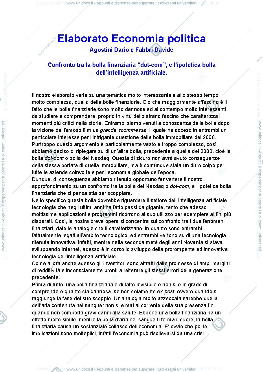 Anteprima pagina 1 — Elaborato sul concetto di bolle finanziarie