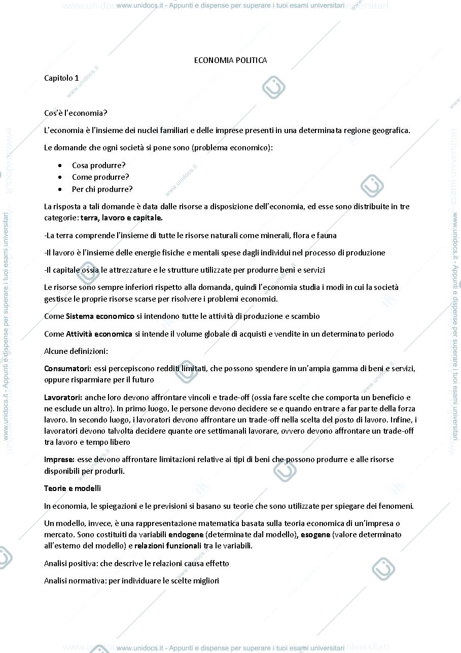 Anteprima pagina 1 — Appunti Economia Politica 