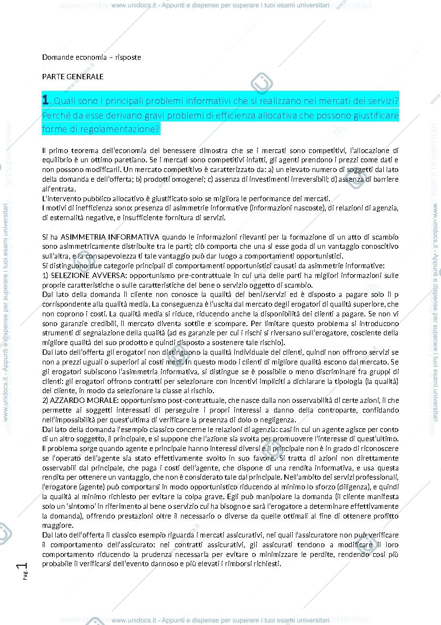 Anteprima pagina 1 — Domande con risposte esame economia della regolazione