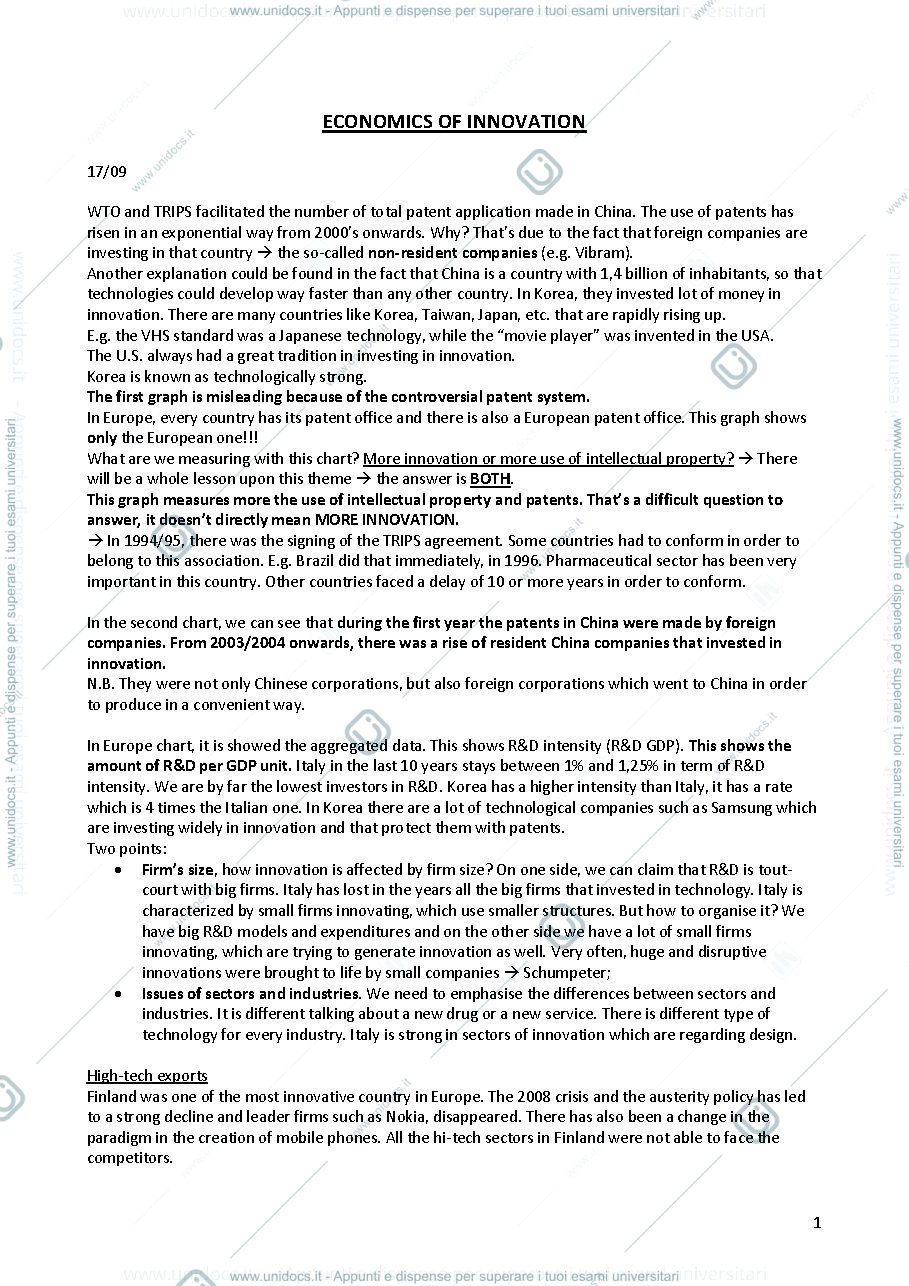 Anteprima pagina 1 — Economics of Innovation, lecture notes. Complete