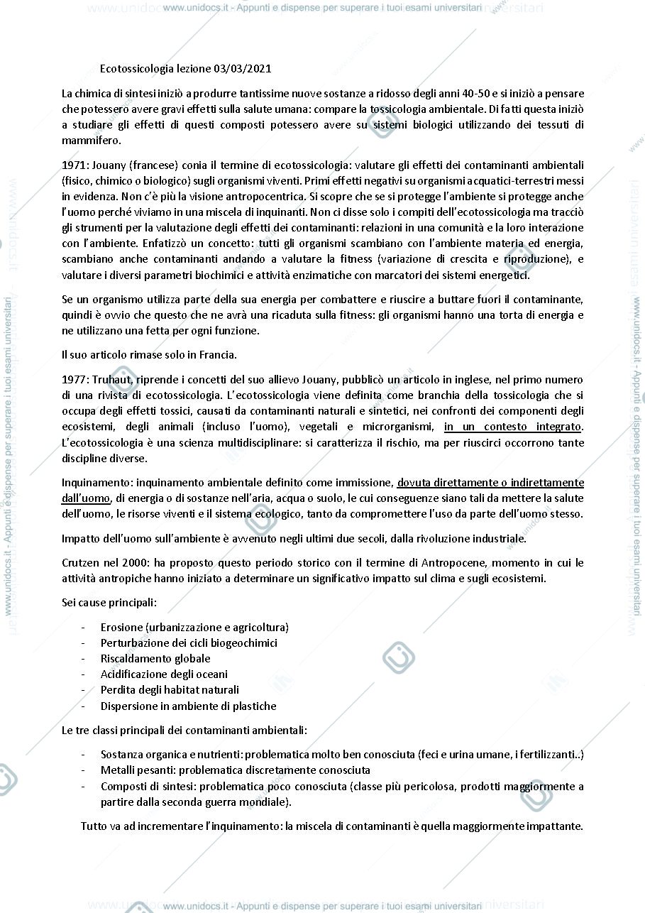 Anteprima pagina 1 — Appunti di Ecotossicologia 20/21