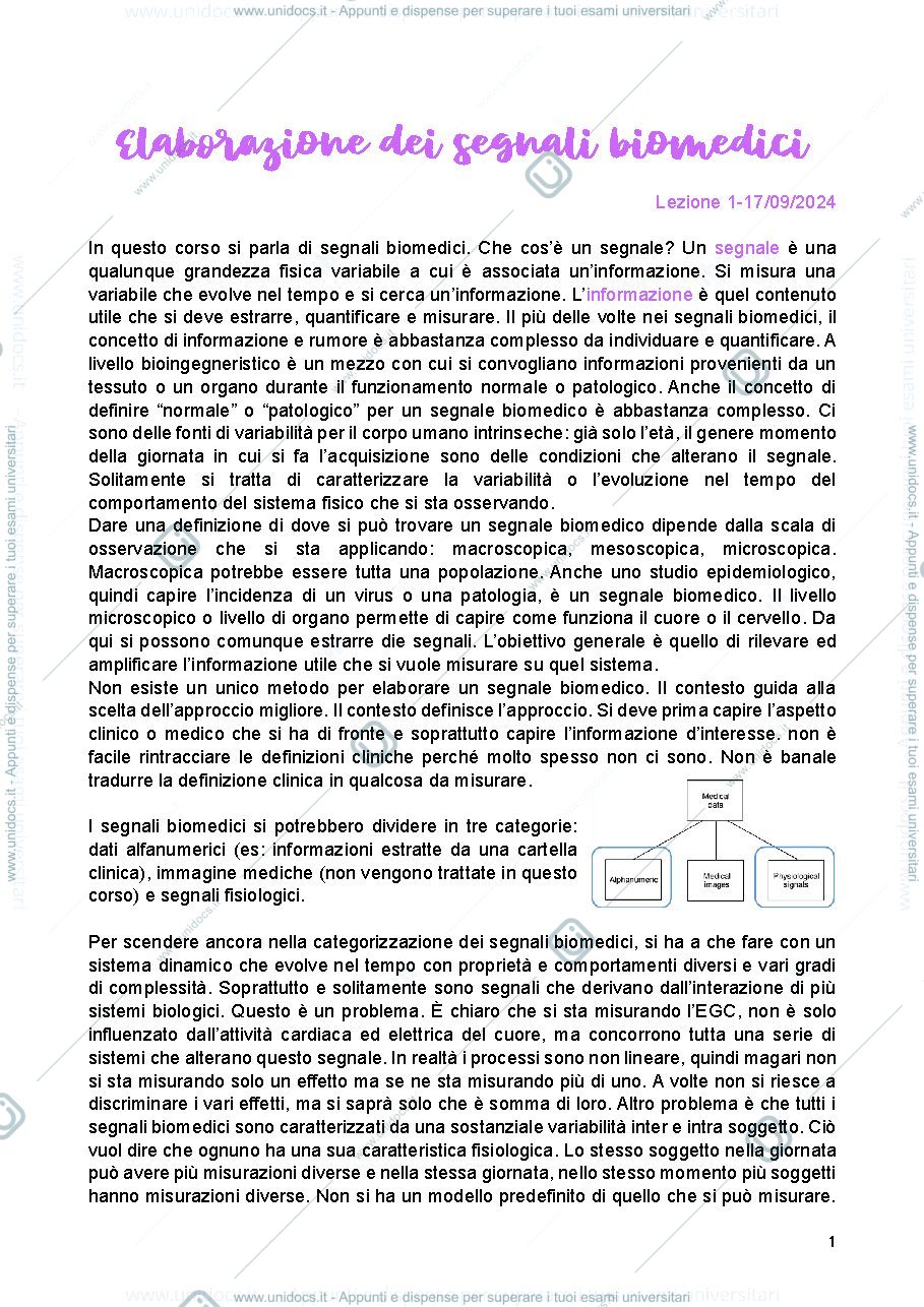 Anteprima pagina 1 — Sbobine elaborazione dei segnali biomedici 